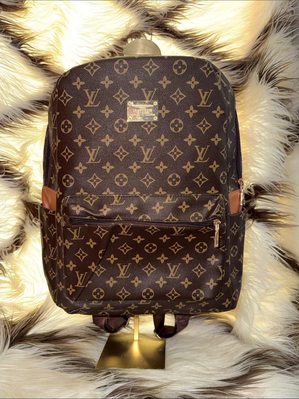 Louis Vuitton Monogram Canvas Dark Brown Backpack with Tan Trim